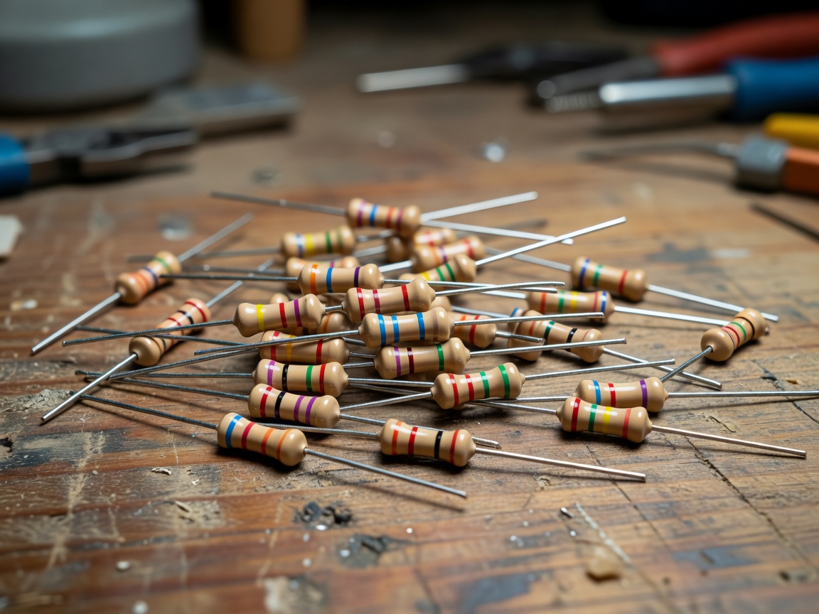 Assortment of through-hole resistors with colored banding on a workbench