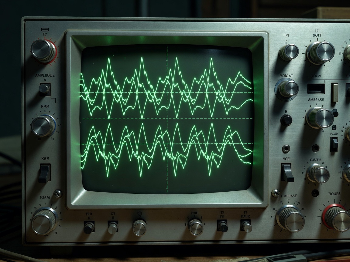 Close up view of an analog oscilloscope displaying a complex waveform