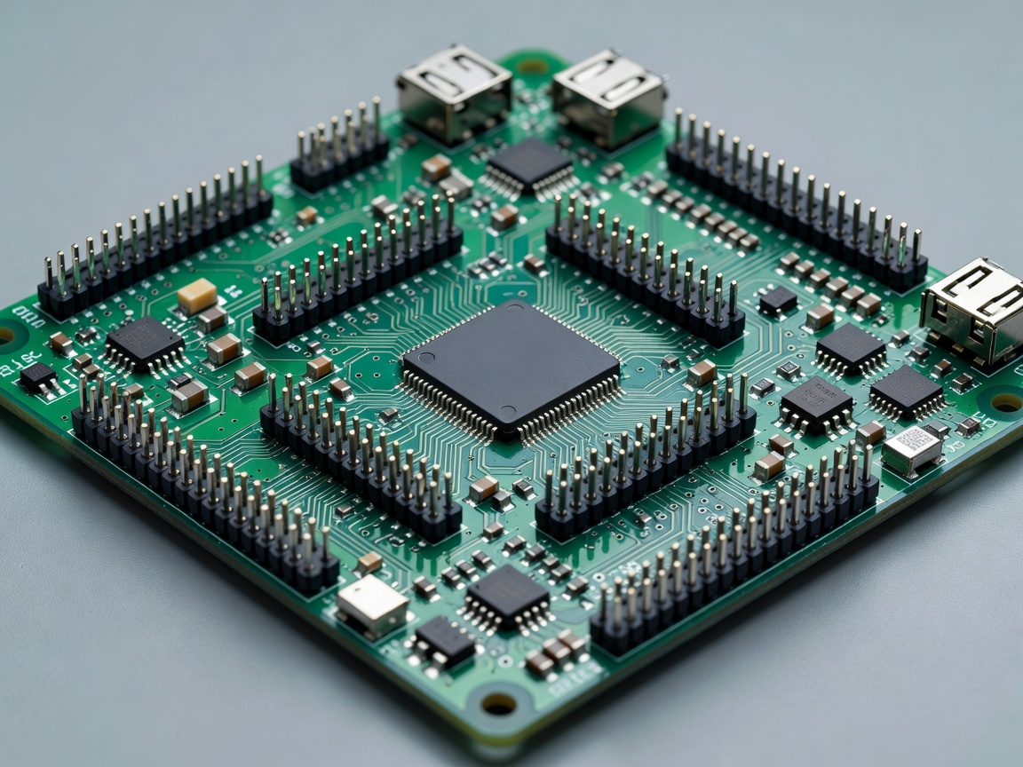 Development board with a central microcontroller and various interface headers