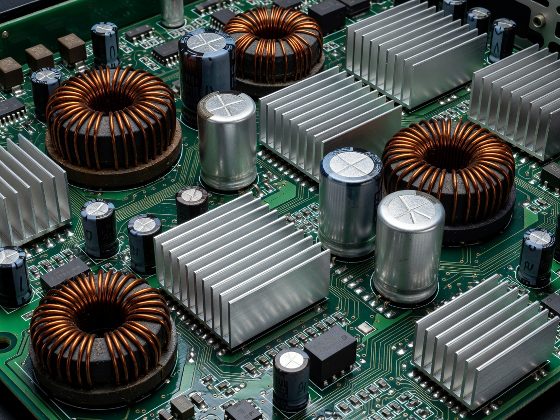 Large inductors, capacitors, and aluminum heatsinks on a power supply board