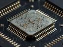 Macro photograph of integrated circuit pins and a silicon die