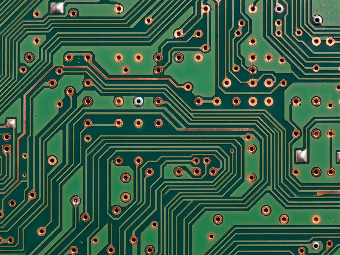 Printed circuit board showing green solder mask, copper traces, and plated through holes