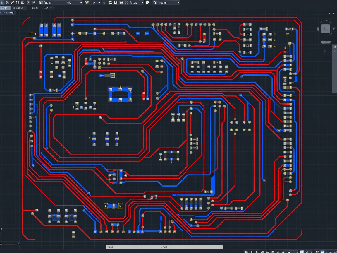 Screenshot of CAD software showing red and blue copper routing lines connecting component pads